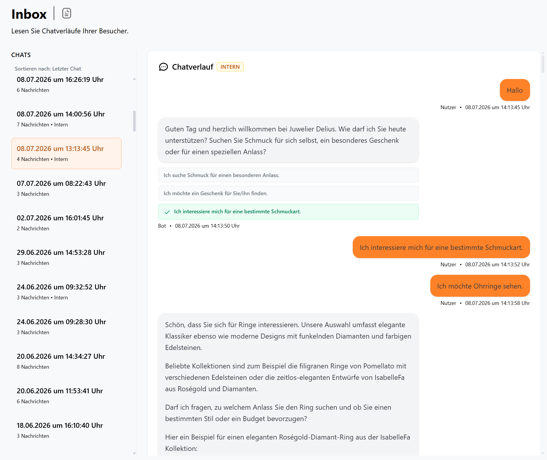 Chatbot Gespräche in der Inbox nachvollziehen