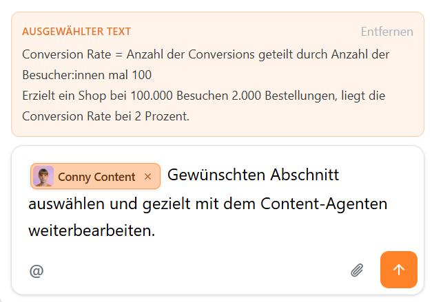 Ausgewählter Textabschnitt wird im OGP mit dem Content-Agenten gezielt überarbeitet