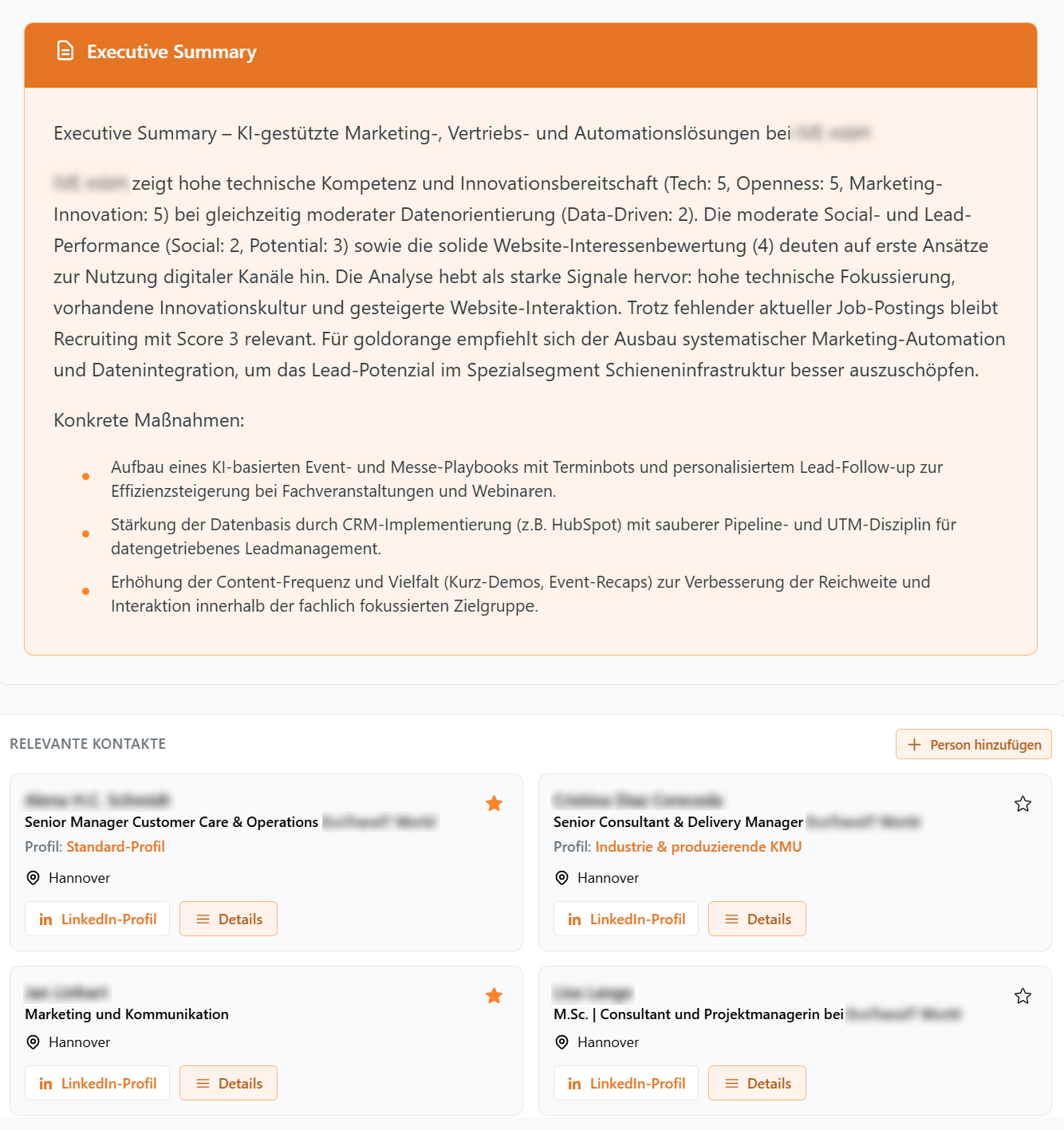 Sobald ein Unternehmen im Radar vorhanden ist, werden verfügbare Informationen aufbereitet.